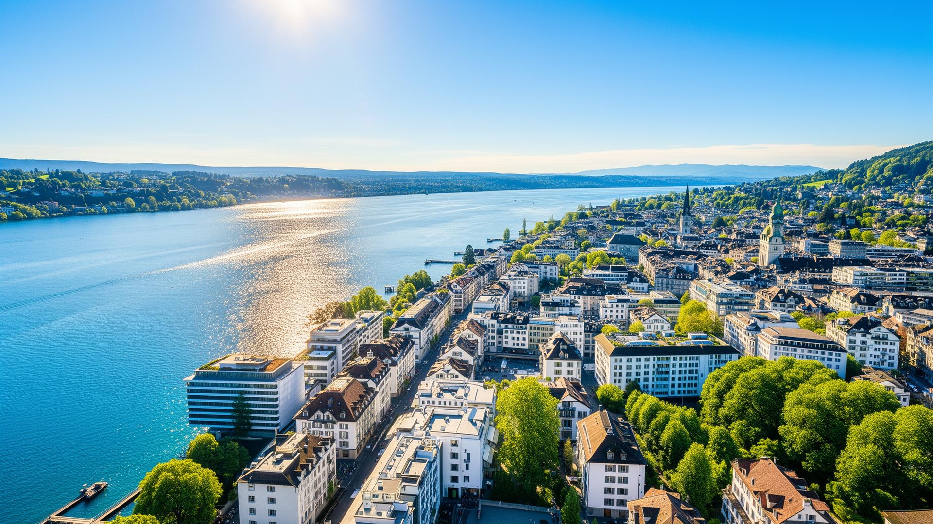 Bright Zurich cityscape with lake